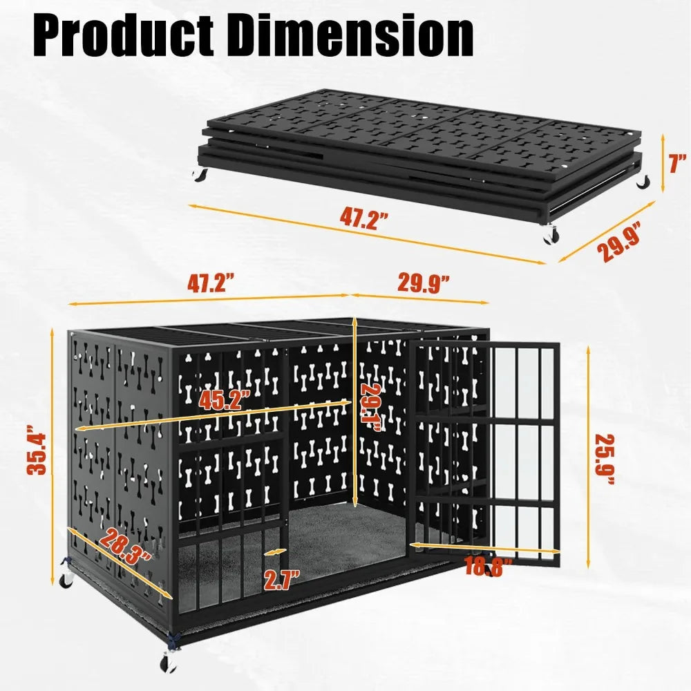 48/42 inch indestructible heavy duty dog crate with cushion, high anxiety extra large dog cage for large dogs, xl steel escape