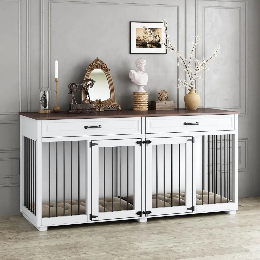 Furniture Dog Crate, Heavy Duty Wooden Cage Furniture, Indoor Dog Kennel with Drawers & Removable Divider, Luxury