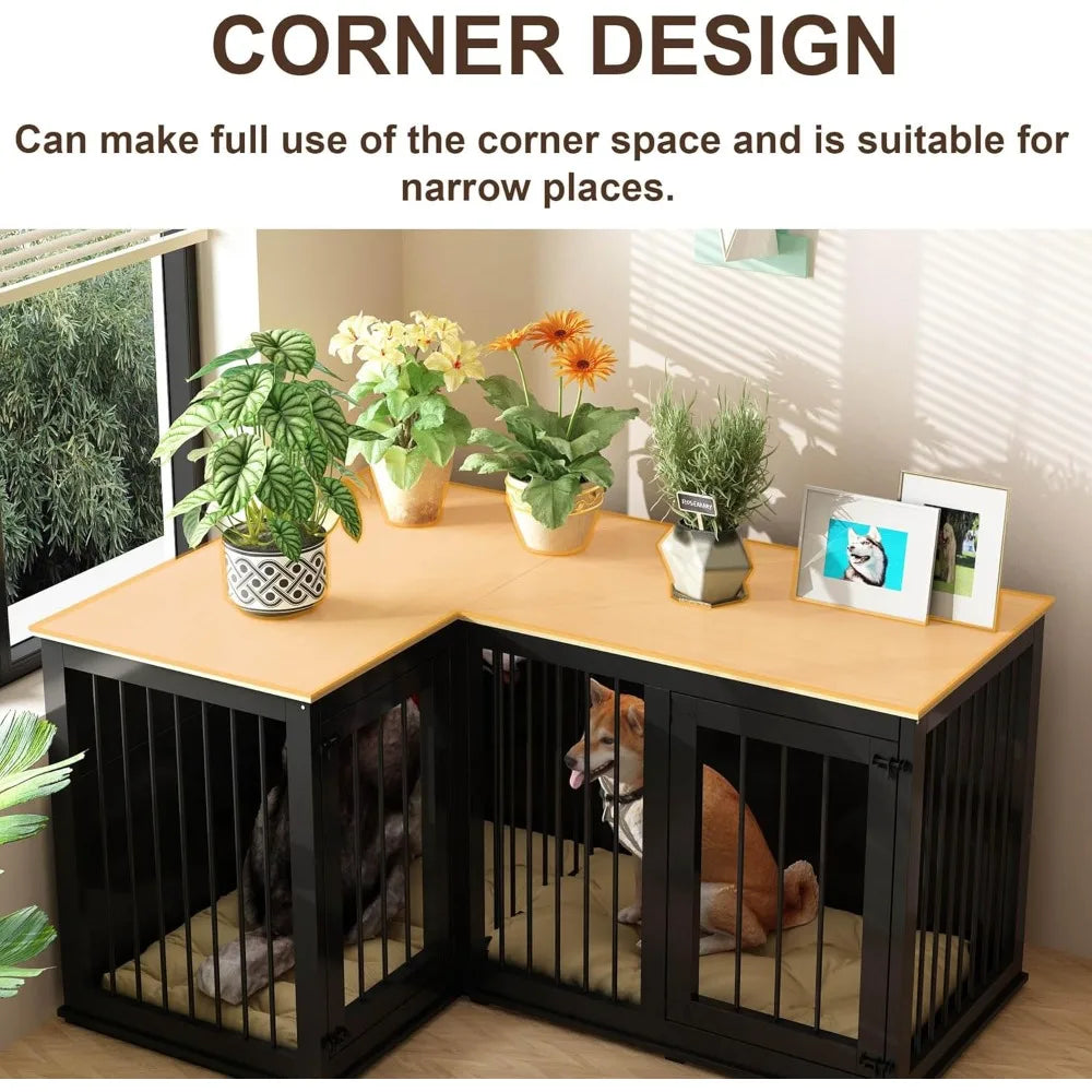 Corner Dog Crate Furniture for 2 Dogs, Indoor Wooden Furniture Style Heavy Duty Large Dog Kennel House with Double Rooms