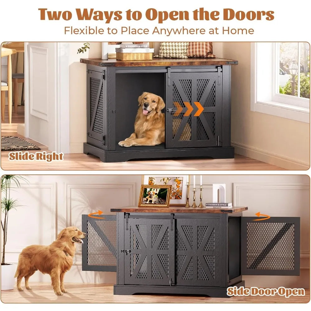 Farmhouse Large Dog Crate Furniture, Heavy Duty Dog Cage for Medium Large Dogs, XL Dog Crate Dog Kennel Indoor with Double Door