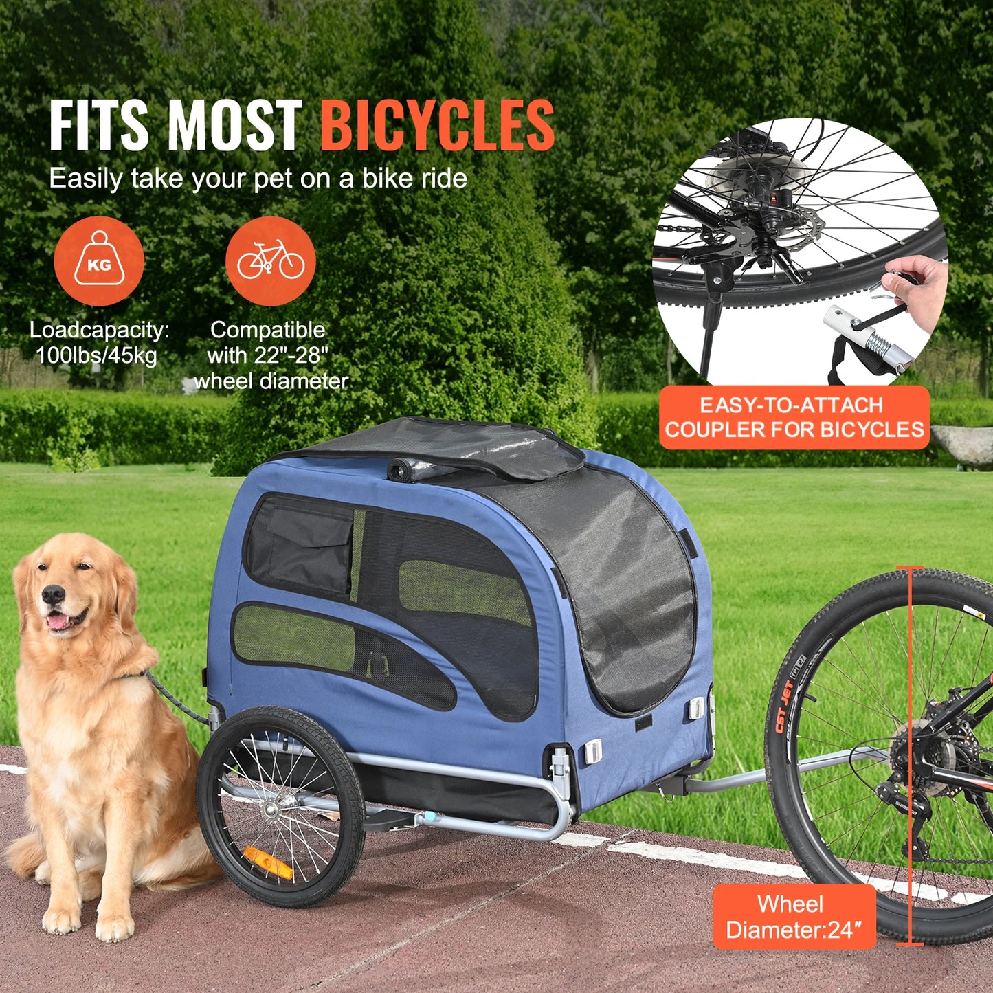 SucceBuy 100 lbs Pet Cart Bicycle Carrier Dog Bike Trailer with Coupler Reflectors Flag Collapsible to Store for Dogs Travel