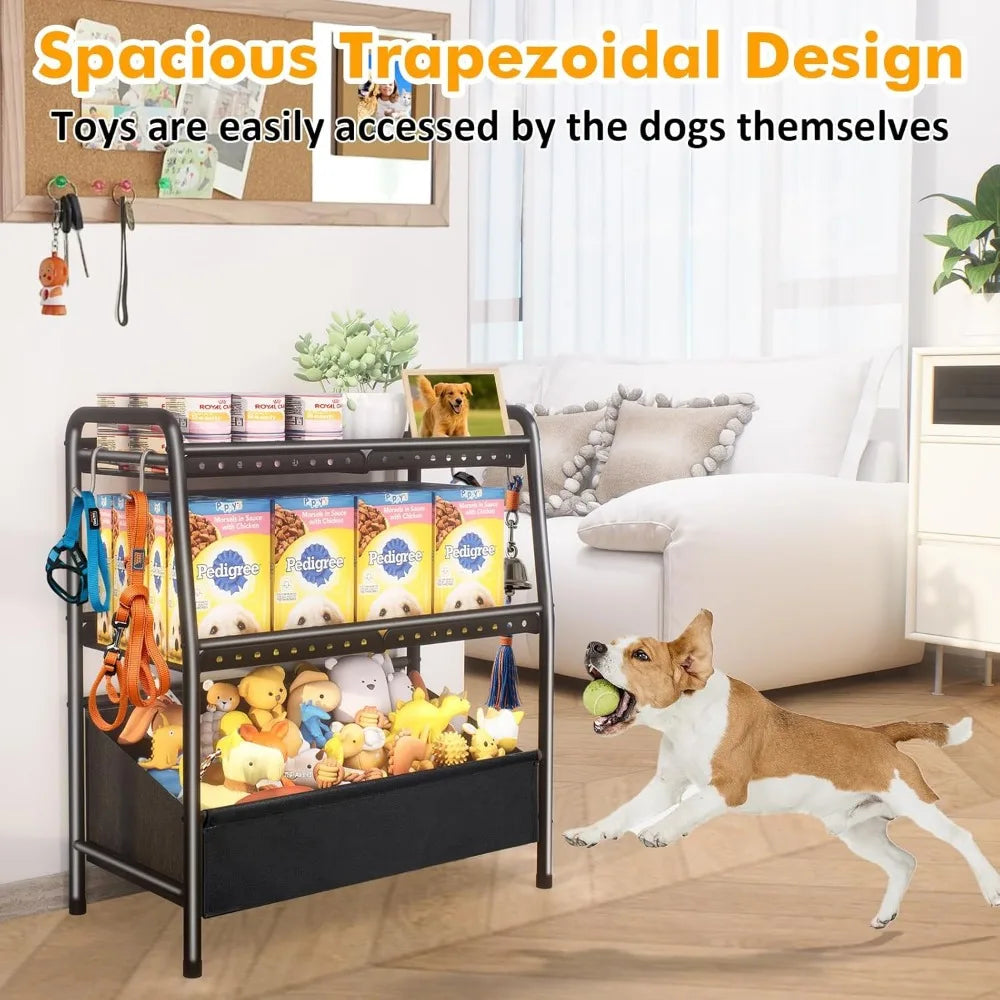 Large Dog Toy Basket Metal with Dog Storage Organizer, Dog Toy Bin Box with Collar Leash Holder Hook, Dogs Toys Holder Chest Pet
