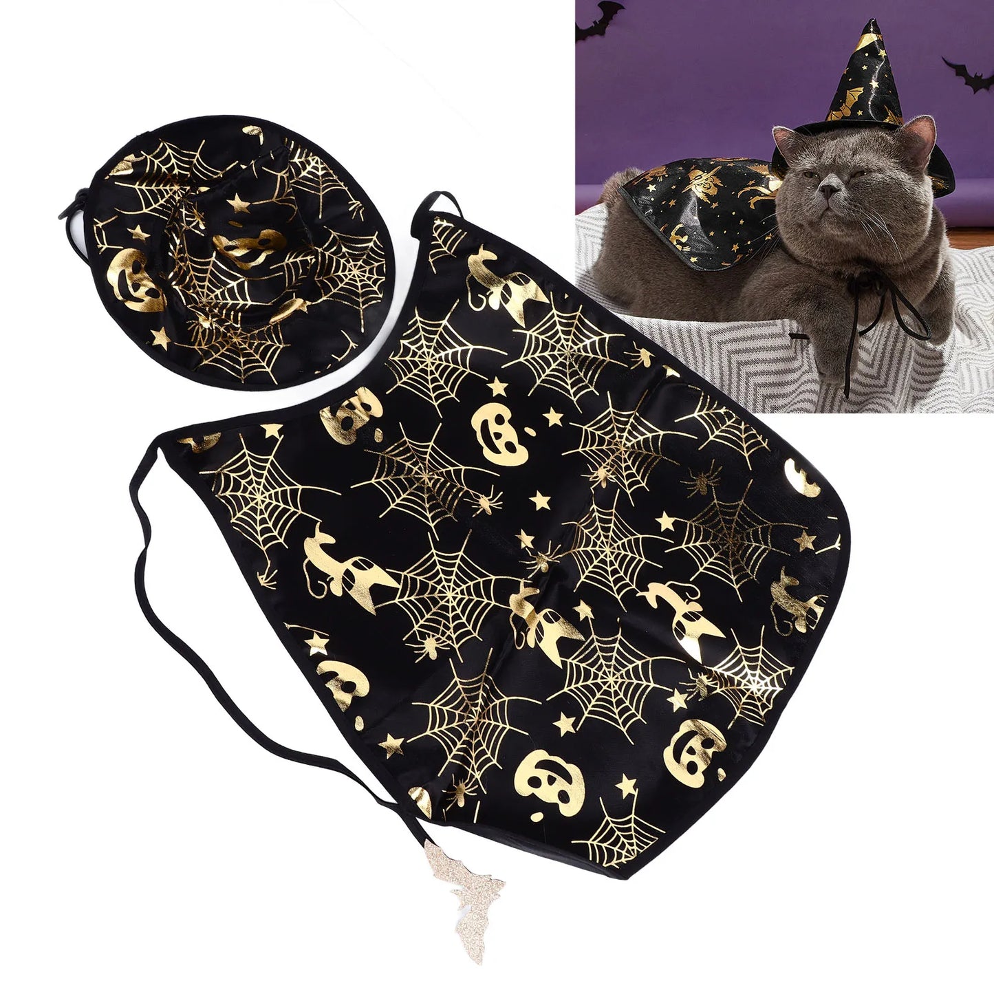 Halloween Pet Pumpkin Cape Set Spiderweb Pattern Adjustable Mysterious Pet Costume Set for Pet Gatherings
