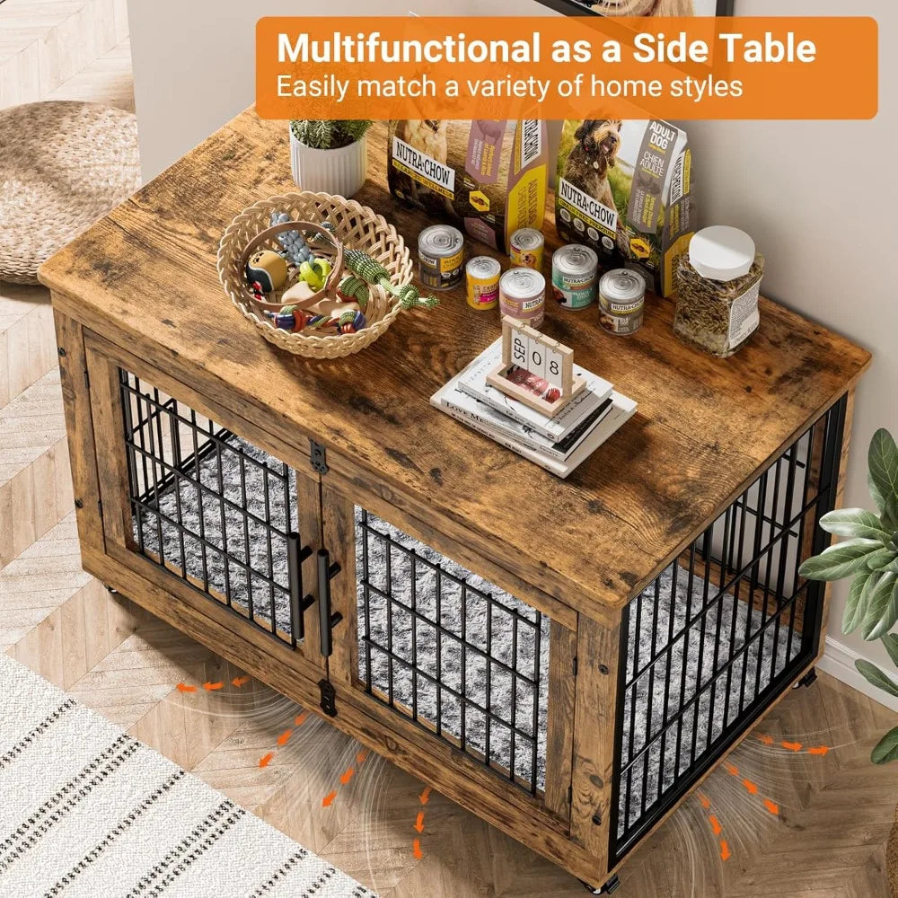 Dog Crate Furniture Set of 2, Dog Kennel Indoor Double Doors Wooden Dog Cage, 38'' Heavy Duty Crate with Cushion & Wheels