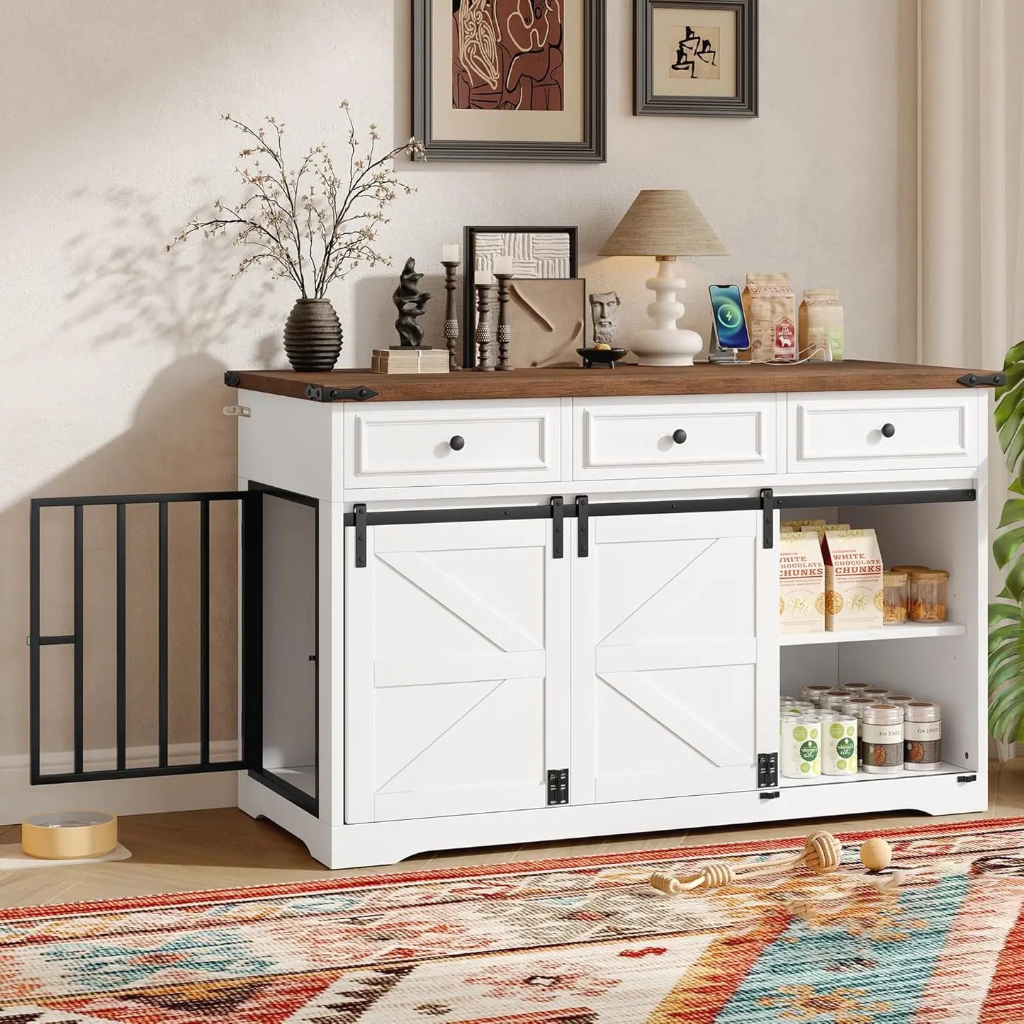 55.1" Dog Crate Furniture Heavy Duty Dog Cage with 2 Storage Drawers and Shelves TV Stand Side End Table Divider Locks