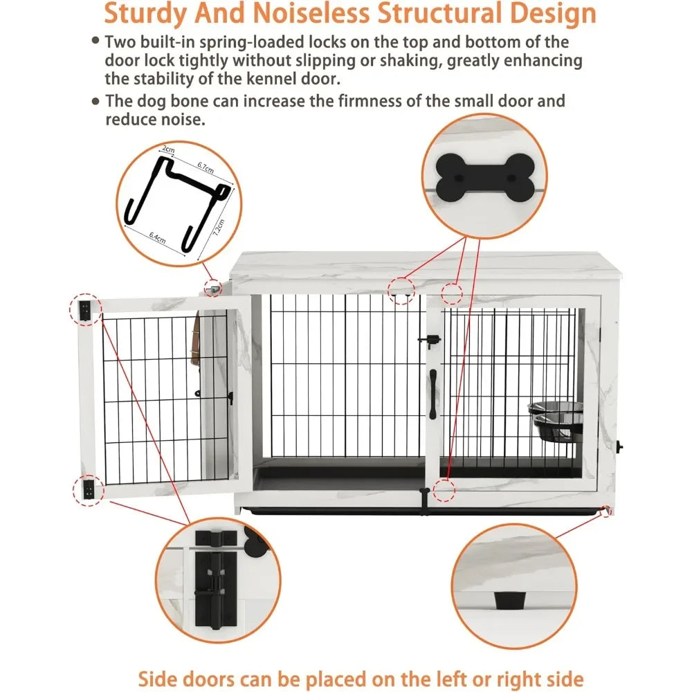 Wooden Dog Crate Furniture with 360°Rotatable Removable Dogs Bowls, Dogs Crate with Tray, Double Doors Doges Kennels for Dog