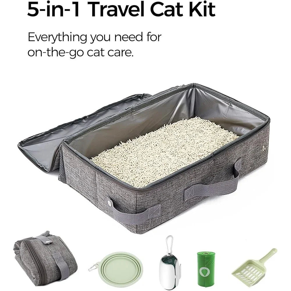 Portable Cat Litter Box Travel Easy Cleaning Foldable Leak-Proof Odor Control Covered Design with Lid Scoop Bowl Bags