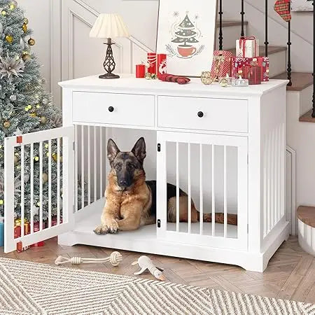Masterpiece Dog Crate Furniture, 44 Inch Wooden Dog Kennel Indoor With 2 Storage Drawers, Heavy Duty Large Crate Furniture, Dec