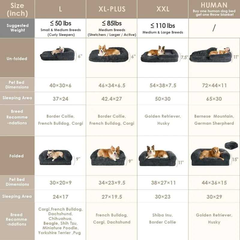 Foldable Human Dog Bed, Orthopedic Memory Foam Human Sized, Waterproof , Faux Fur Pet Couch for Adult, Dark Grey, 72"x44"x11"