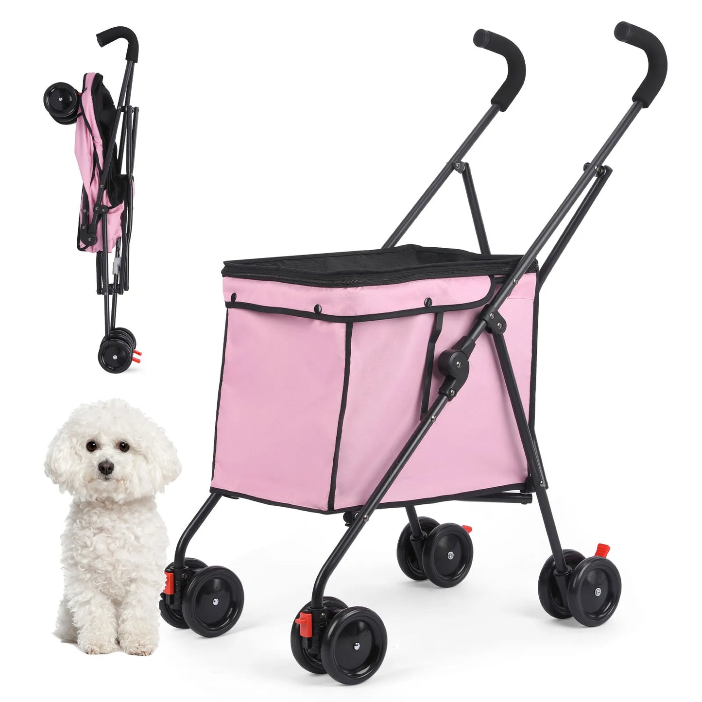 33lbs 4 Wheels Dog Stroller Rotate Pink Pet Puppy Stroller Holder for Dogs Cat Travel Hand Cart Folding Shopping Trolley