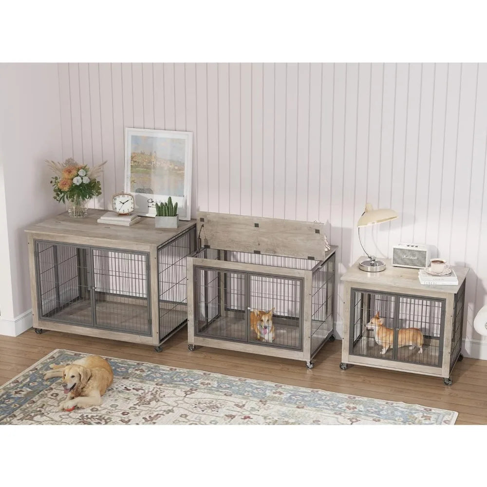 Dog Crate Furniture, Wooden Dog Crate Table, 43.7" Dog Kennel with 3 Doors, Flip-up Top Opening and Wheels, Decorative Pet Crat