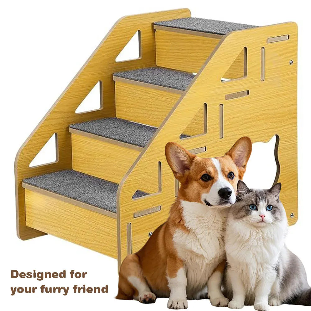 4-Step Wooden Pet Stairs Nonslip Carpeted Dog Stairs Ramp Sofa Ladder Wooden Pet Ladder for Dogs and Cats for Bed