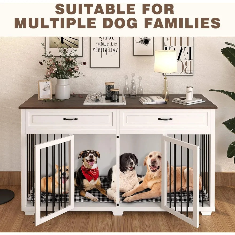 large dog crate furniture, 72.4" wooden dog crate kennel with 2 drawers and divider, xxl heavy duty dog crates cage furniture f