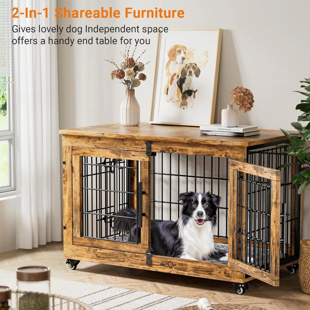 Dog Crate Furniture Set of 2, Dog Kennel Indoor Double Doors Wooden Dog Cage, 38'' Heavy Duty Crate with Cushion & Wheels