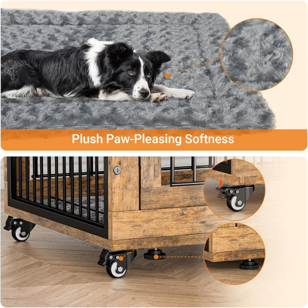 Dog Crate Furniture Set of 2, Dog Kennel Indoor Double Doors Wooden Dog Cage, 38'' Heavy Duty Crate with Cushion & Wheels
