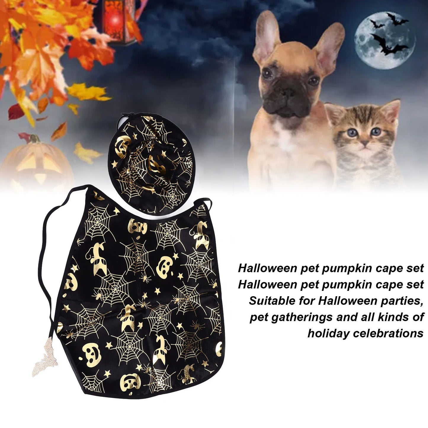 Halloween Pet Pumpkin Cape Set Spiderweb Pattern Adjustable Mysterious Pet Costume Set for Pet Gatherings