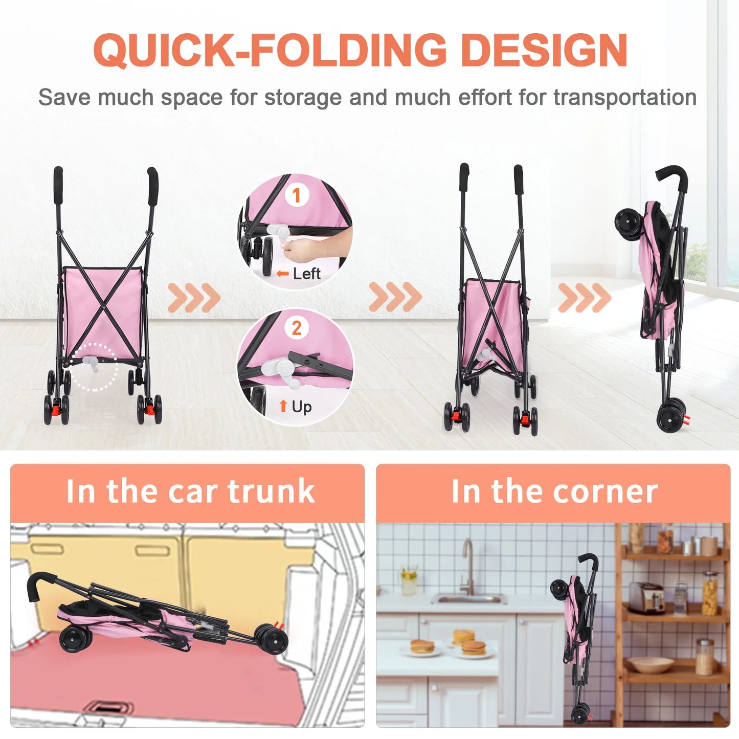 33lbs 4 Wheels Dog Stroller Rotate Pink Pet Puppy Stroller Holder for Dogs Cat Travel Hand Cart Folding Shopping Trolley