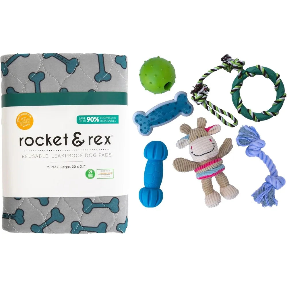 rocket & rex Dog Premium Chew Toy Set and Reusable and Washable Pet Pads for Small to Medium Breeds, Bundle and Save