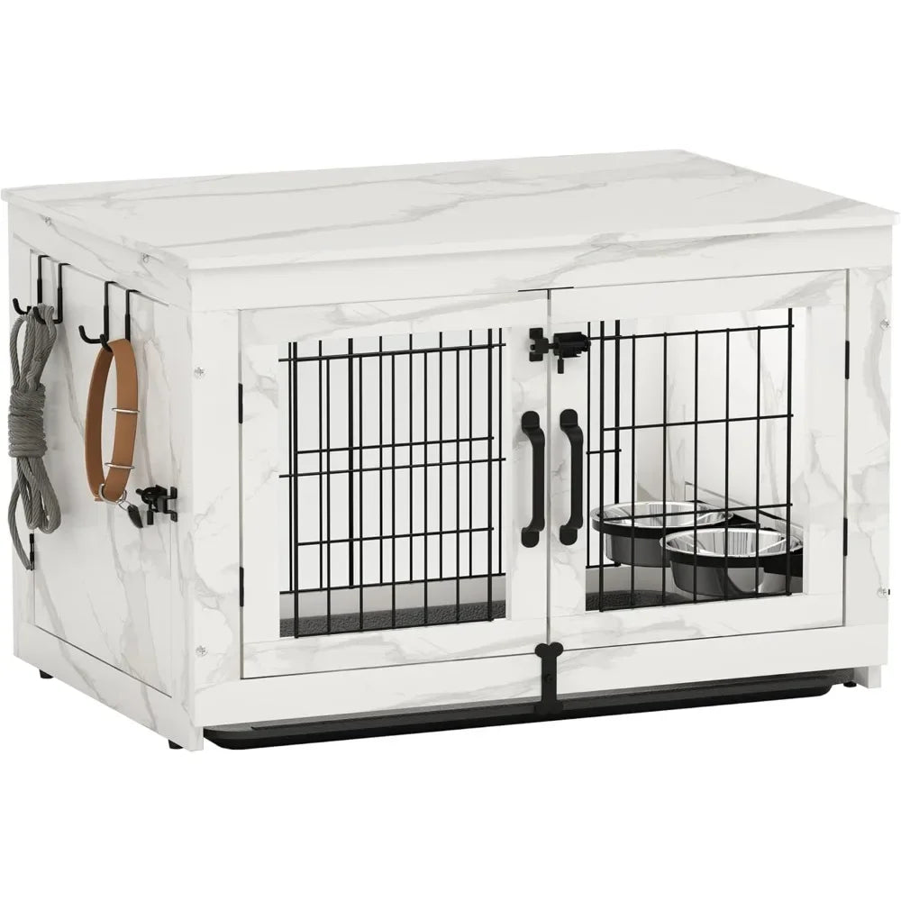 Wooden Dog Crate Furniture with 360°Rotatable Removable Dogs Bowls, Dogs Crate with Tray, Double Doors Doges Kennels for Dog