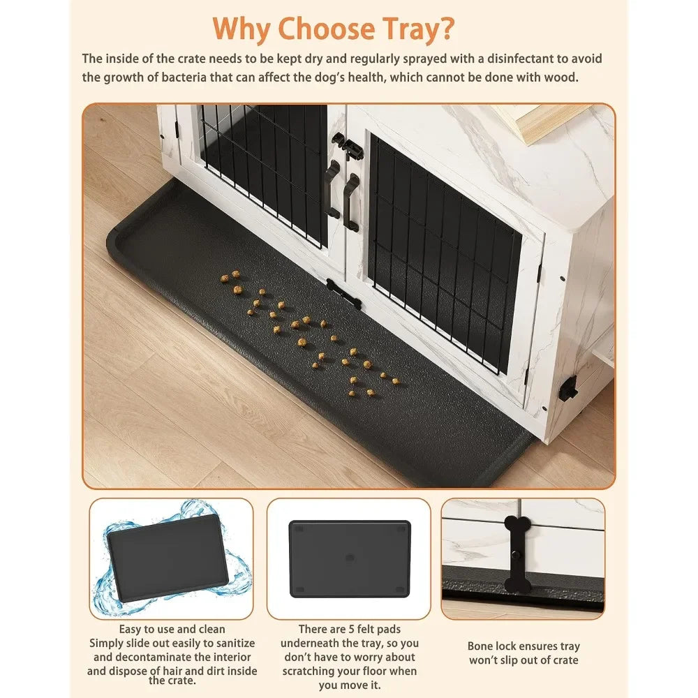 Wooden Dog Crate Furniture with 360°Rotatable Removable Dogs Bowls, Dogs Crate with Tray, Double Doors Doges Kennels for Dog