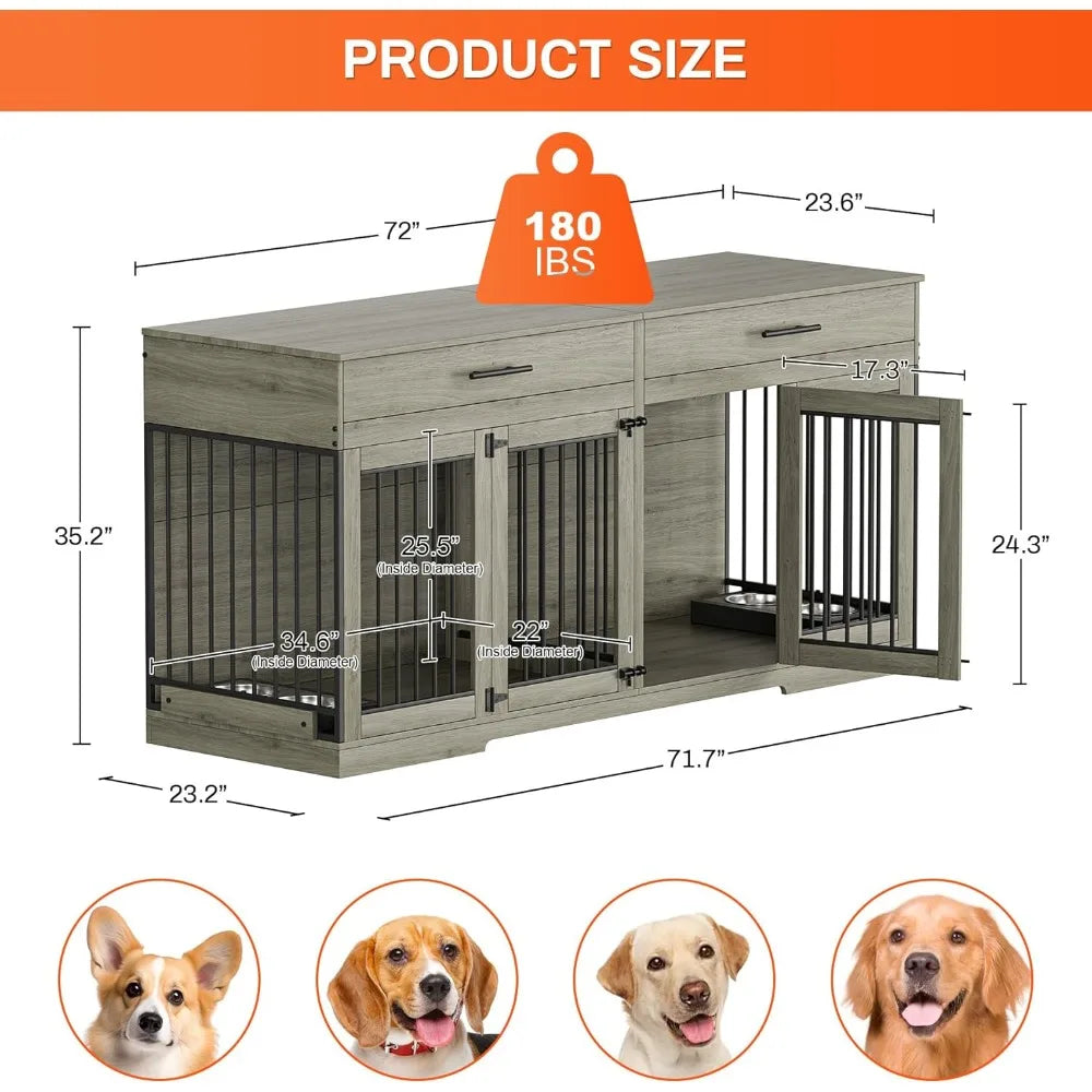 72" Dog Crate Furniture for 2 Dogs, Large Dog Kennel Furniture with 2 Storage Drawer and Removable Divider, Wooden Dog Cage