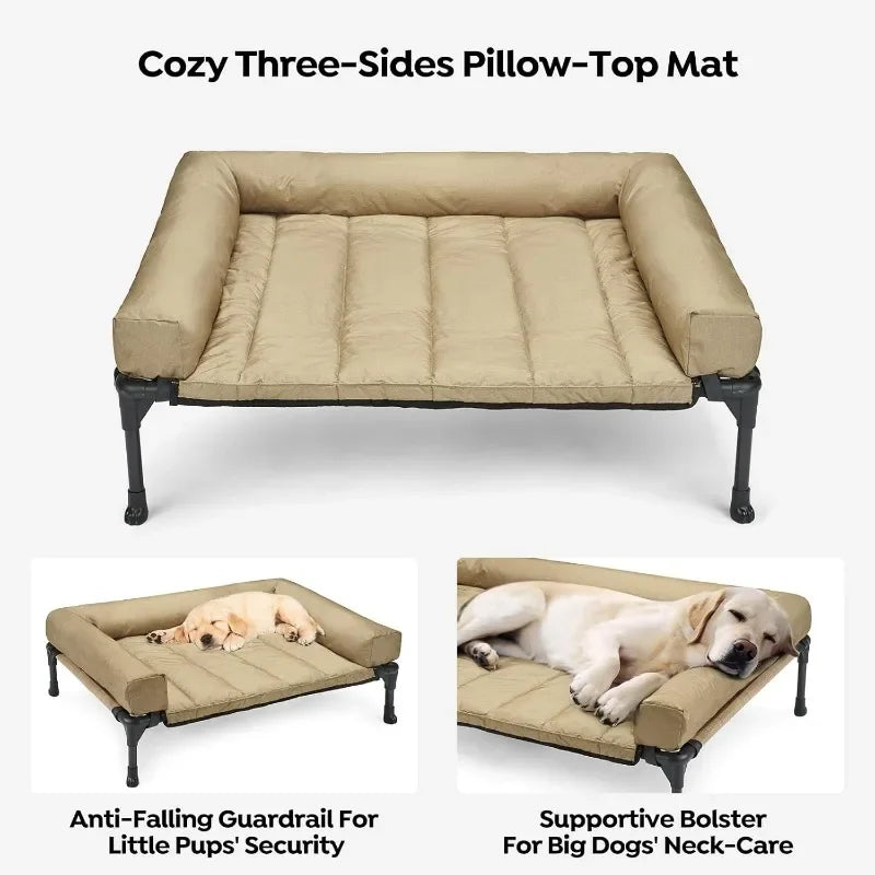 Cooling Elevated Dog Bed + Waterproof Removable Pillow-Top Mat, Bolster Dog Cot Bed, Raised Pet Cot with Breathable Mesh