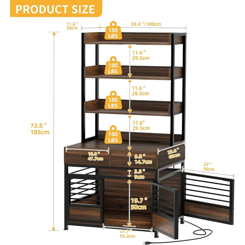 39" Dog Crate Furniture with Storage Shelves - Heavy Duty Kennel with Drawers, Charging Station & Double Doors, for Large Dogs