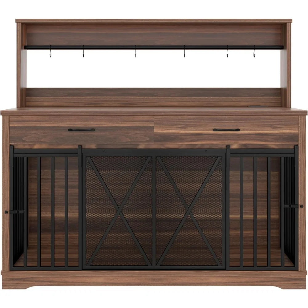 55.1" Dog Crate Furniture Heavy Duty Dog Cage with 2 Storage Drawers and Shelves TV Stand Side End Table Divider Locks