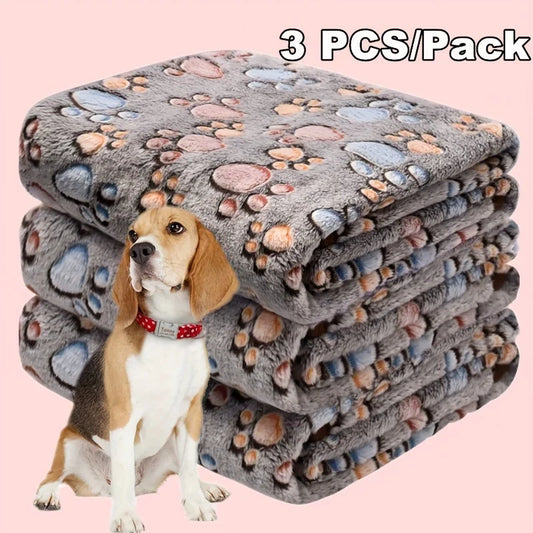 3pcs Dog Paw Print Pet Blankets, Soft Coral Fleece, Cozy Polyester Fiber Fill, All-Season Warmth, with Ideal for Extra Small