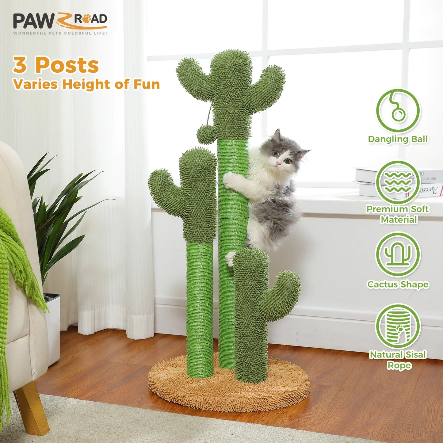 Cactus Cat Scratching Post for Indoor Cats Tall Cat Scratcher with 3 Sisal Scratching Poles Interactive Dangling Ball Cat Toys