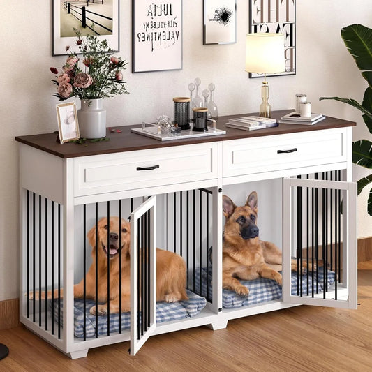 large dog crate furniture, 72.4" wooden dog crate kennel with 2 drawers and divider, xxl heavy duty dog crates cage furniture f