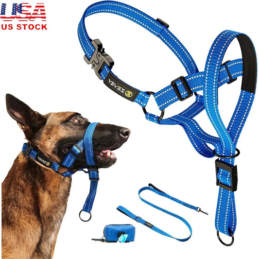 Dog Headcollar with Leash Safety Strap Prevents Pulling Adjustable Comfortable Fit Reflective Nylon Buckle Design Ideal Dogs