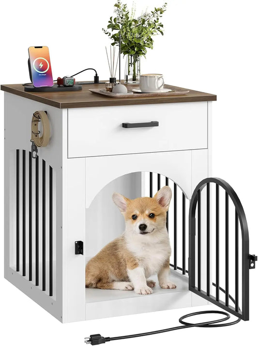 Wooden Dog Crate Furniture with Charging Station & Storage Drawer, White/Walnut, Indoor Pet Crate End Table for Small Breeds