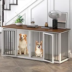 Large Dog Crate Furniture for 2 Dogs, 71.6'' Steel Frame Dog Crate with Double Doors, Heavy Sturdy Dog Kennel for Small Medium L