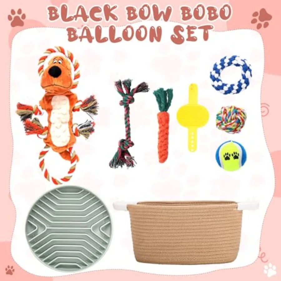 Puppy Gift Basket Starter Kit with Dog Toys Set Chew Toys Teething Interactive Squeaky Plush Storage Basket for Doggie Birthday