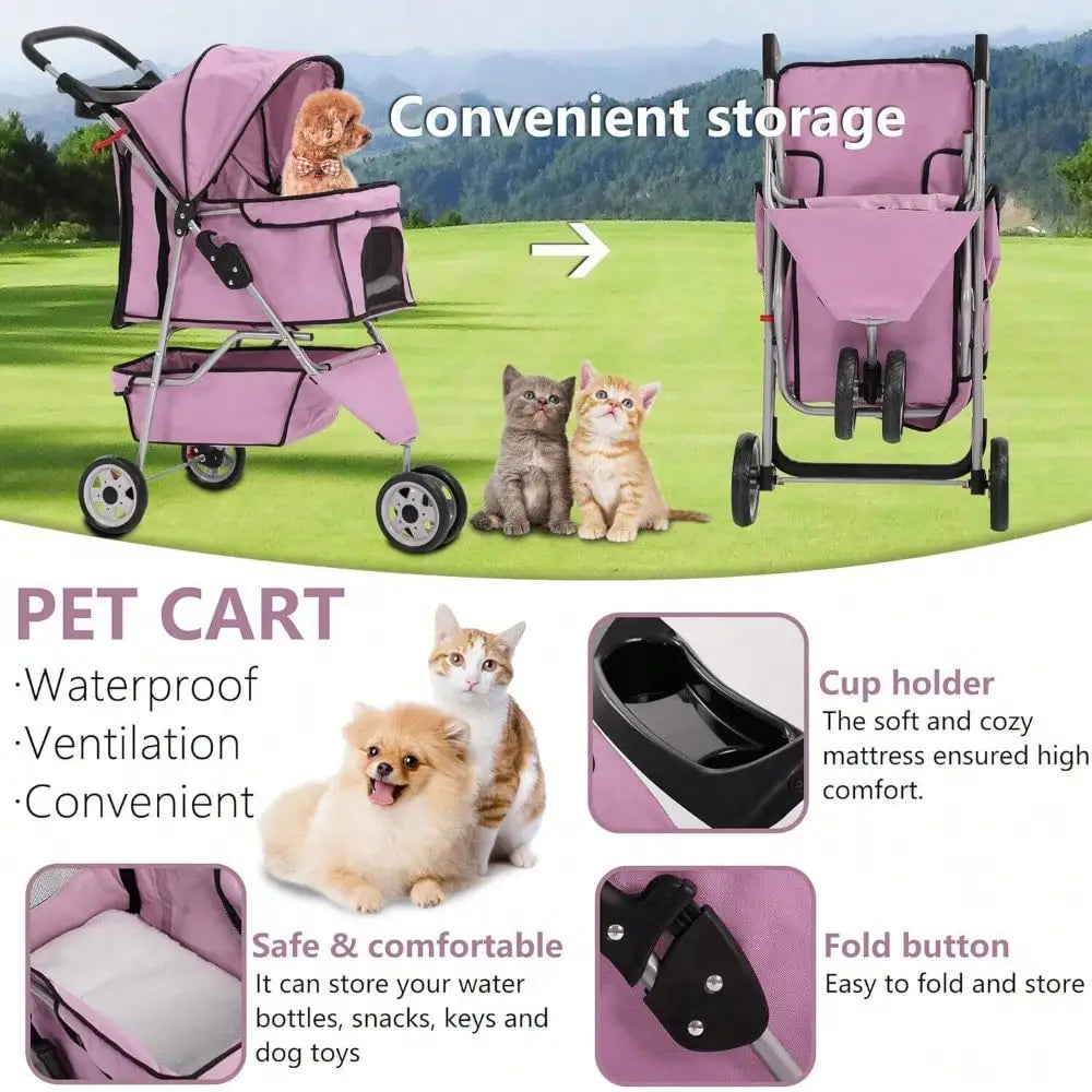 New Pink Pet Stroller Cat Dog Cage 3 Wheels Stroller Travel Folding Carrier