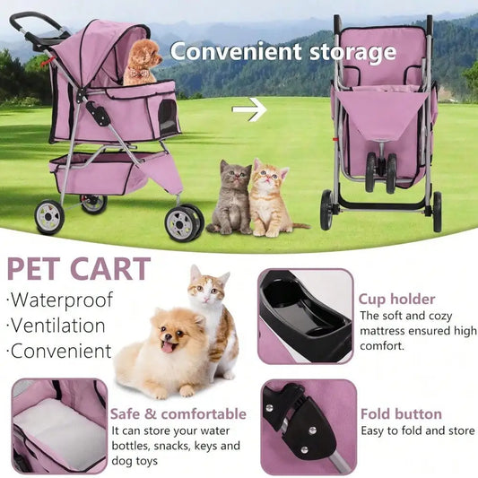 New Pink Pet Stroller Cat Dog Cage 3 Wheels Stroller Travel Folding Carrier