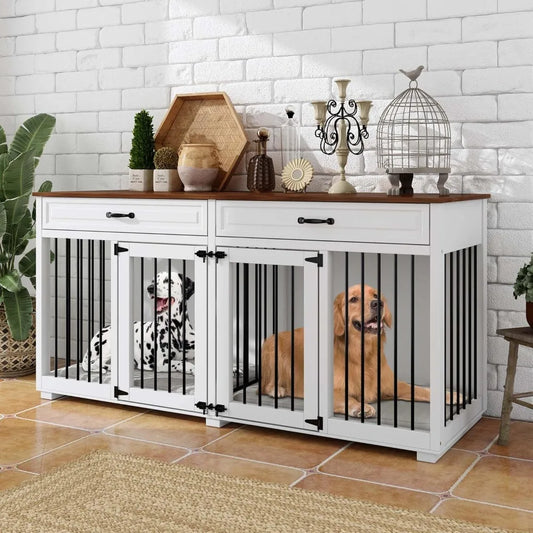 Furniture Dog Crate, Heavy Duty Wooden Cage Furniture, Indoor Dog Kennel with Drawers & Removable Divider, Luxury