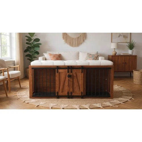 56 inch long, furniture style 2-in-1 dog box with cushioned seats, sliding barn door, luxurious wooden dog house, walnut wood
