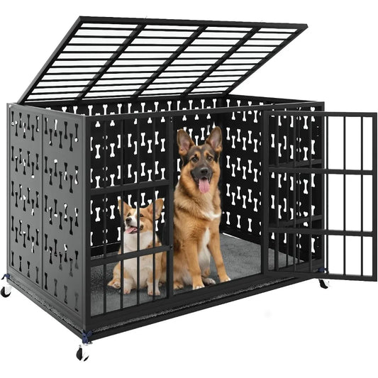 48/42 inch indestructible heavy duty dog crate with cushion, high anxiety extra large dog cage for large dogs, xl steel escape