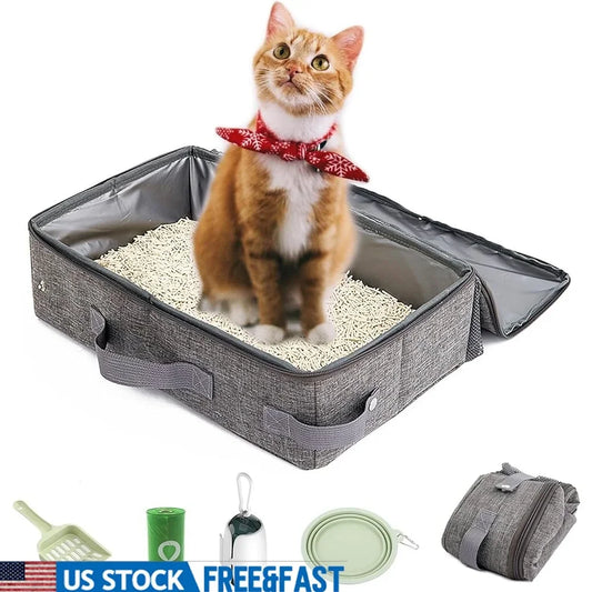 Portable Cat Litter Box Travel Easy Cleaning Foldable Leak-Proof Odor Control Covered Design with Lid Scoop Bowl Bags