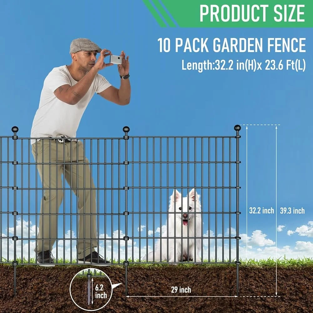 Rustproof Dog Fence 10 Panels Metal Outdoor Garden Fence No Dig Temporary Pet Barrier with Ground Stakes Easy Installation