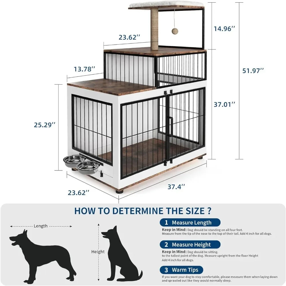 Dog Crate Large Furniture Kennel XL, with Cat Scratching Post Resting Platform, 2 Food Bowl, 2 in 1 Wooden Pet Cage House