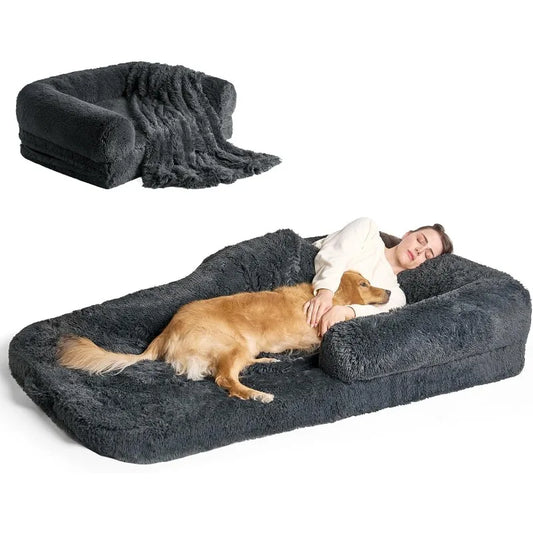 Foldable Human Dog Bed, Orthopedic Memory Foam Human Sized, Waterproof , Faux Fur Pet Couch for Adult, Dark Grey, 72"x44"x11"