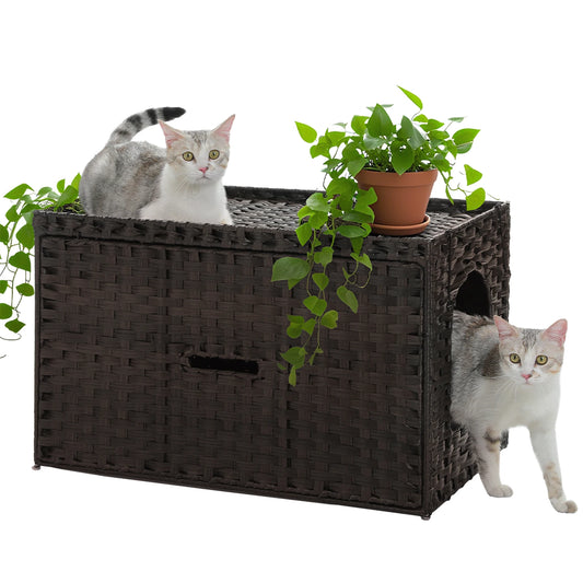 Rattan Cat Litter Box Enclosure Furniture with Door, Handwoven Rattan Hidden Litter Box Living Room Odor Control, Cat House Bed
