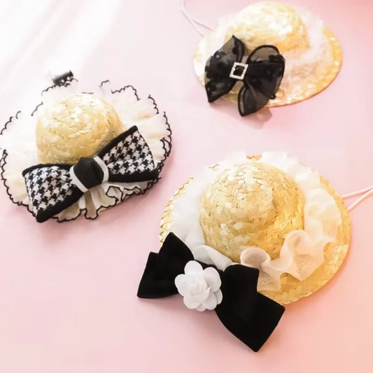 Ins  Dog Hat Pet Clothes Accessories Weave Lace  Sunshade Cute Pet Straw Hat  High   Provide Dog step Corbata para mascotas Ties