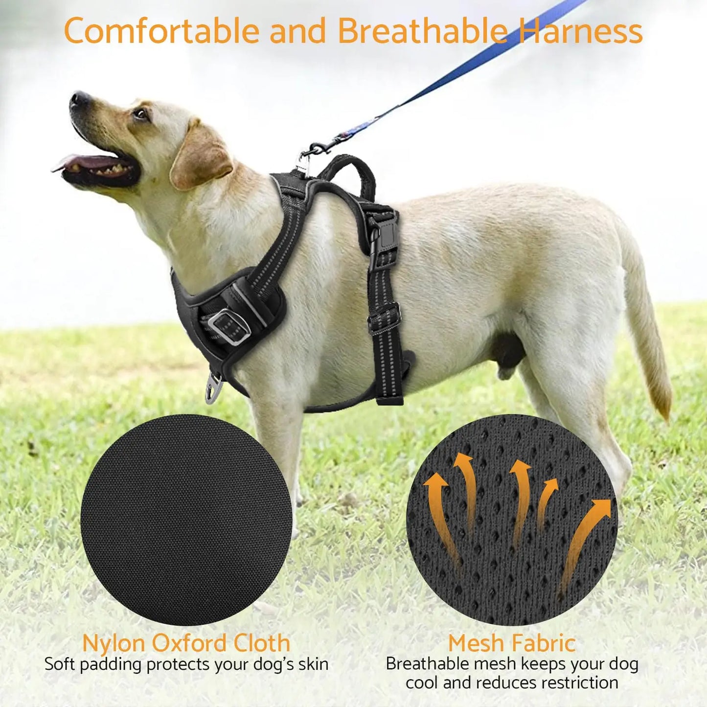 No-Pull Adjustable Dog Harness for Large Dogs 2 Leash Clips,Reflective,No-Choke,Soft Padded Vest with Breathable Mesh