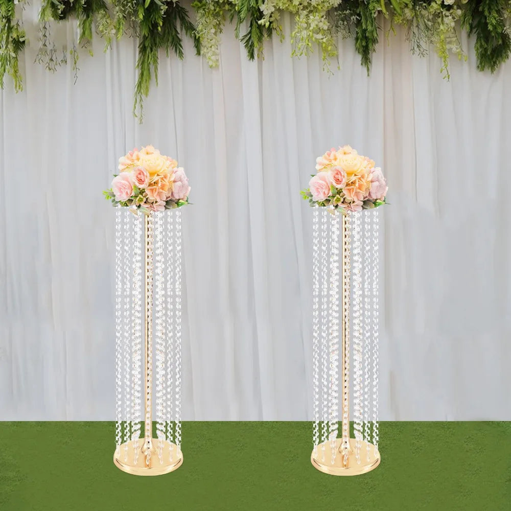 2 Pcs Wedding Centerpieces Flower Vases 35.4" Tall Chandelier Crystal Vase Gold Metal Flowers Stand for Party Tables Decorations