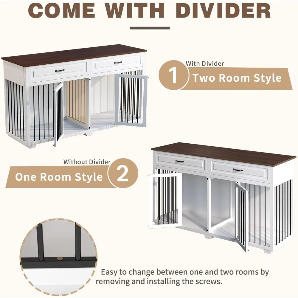 large dog crate furniture, 72.4" wooden dog crate kennel with 2 drawers and divider, xxl heavy duty dog crates cage furniture f