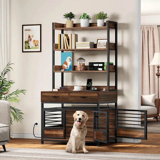 39" Dog Crate Furniture with Storage Shelves - Heavy Duty Kennel with Drawers, Charging Station & Double Doors, for Large Dogs